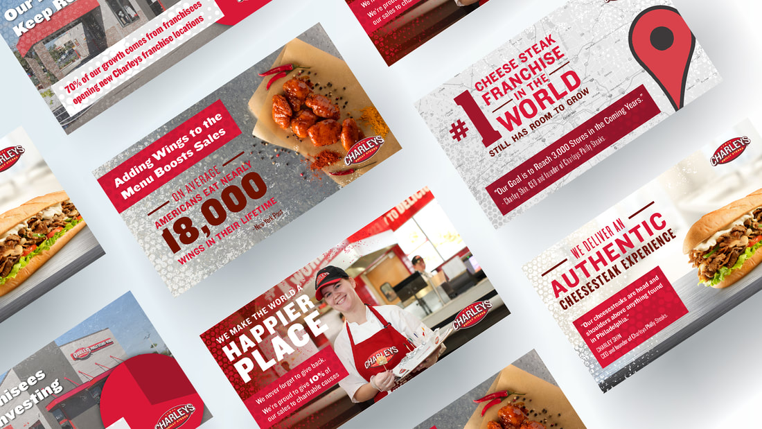 Diagonal grid of Charleys Philly Steaks infographic designs
