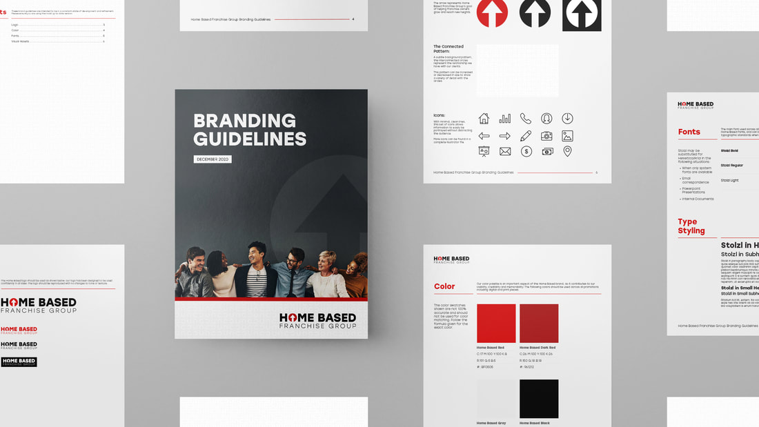 Grid layout of the branding guidelines for Home Based Franchise group