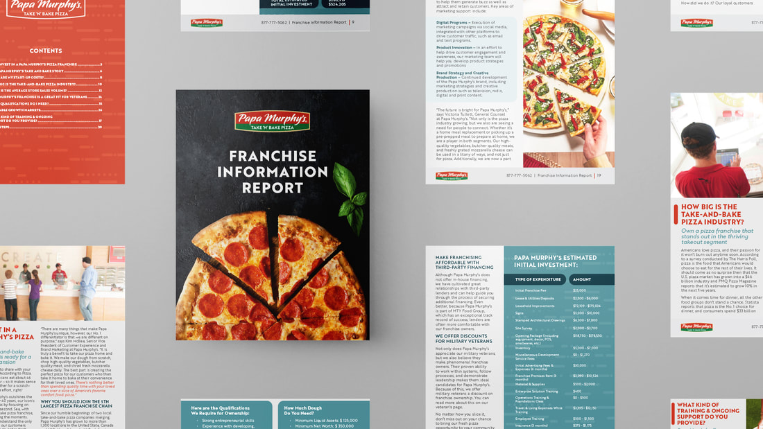 Alternating grid of pieces of paper with franchise information report booklet from Papa Murphy's